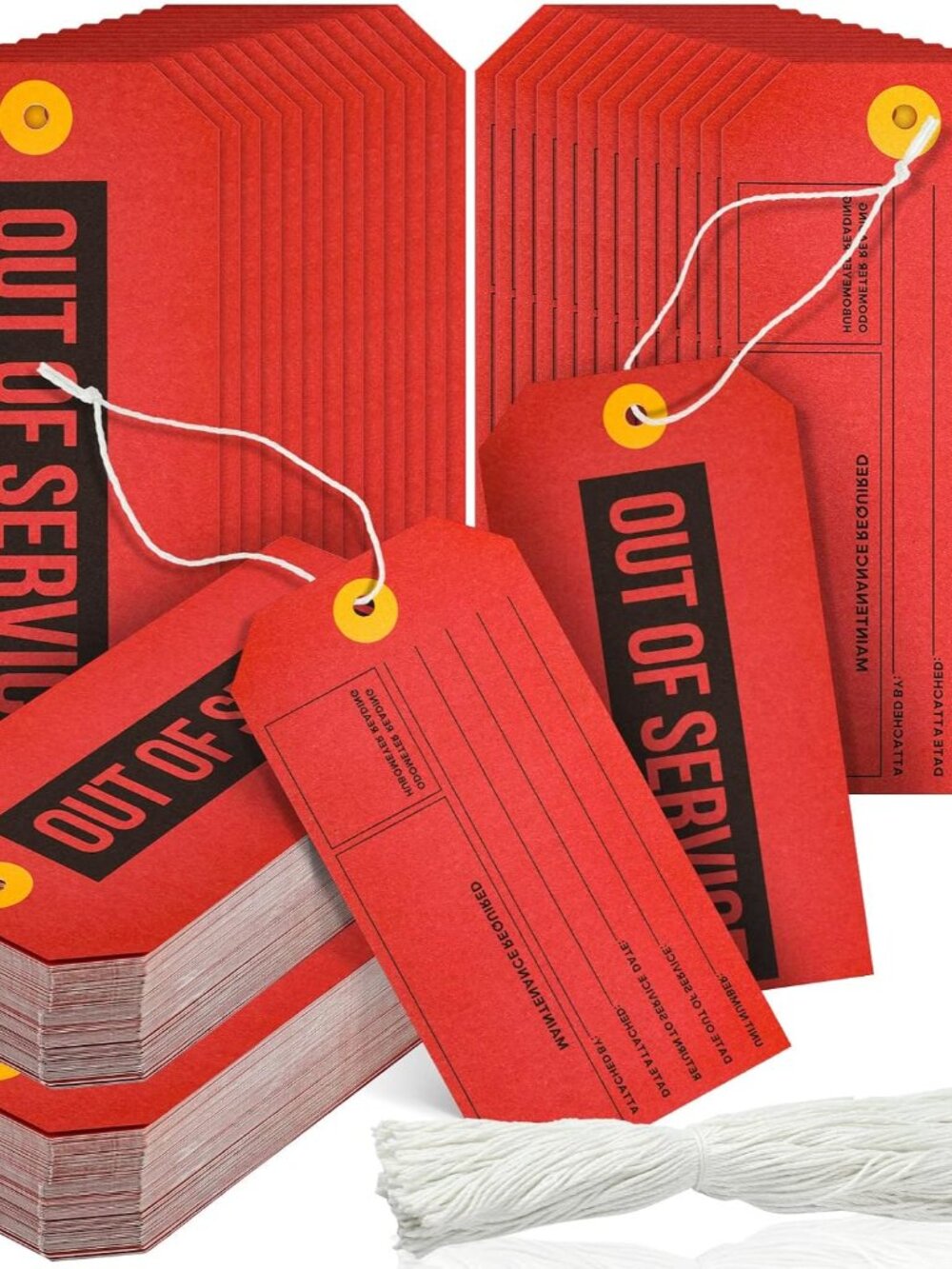 Out of Service Tags Red with Cotton String, 200 Pack